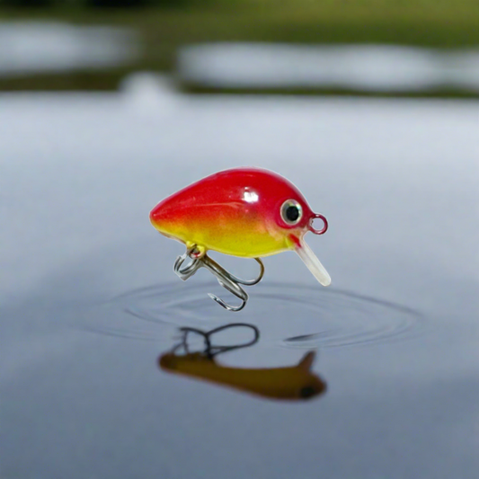 Red and yellow micro panfish crankbait with bill and silver eyes and one hook. 