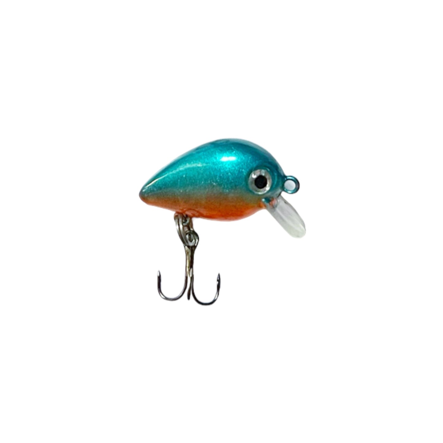 Micro panfish crankbait teal and orange with silver eyes and one hook. 