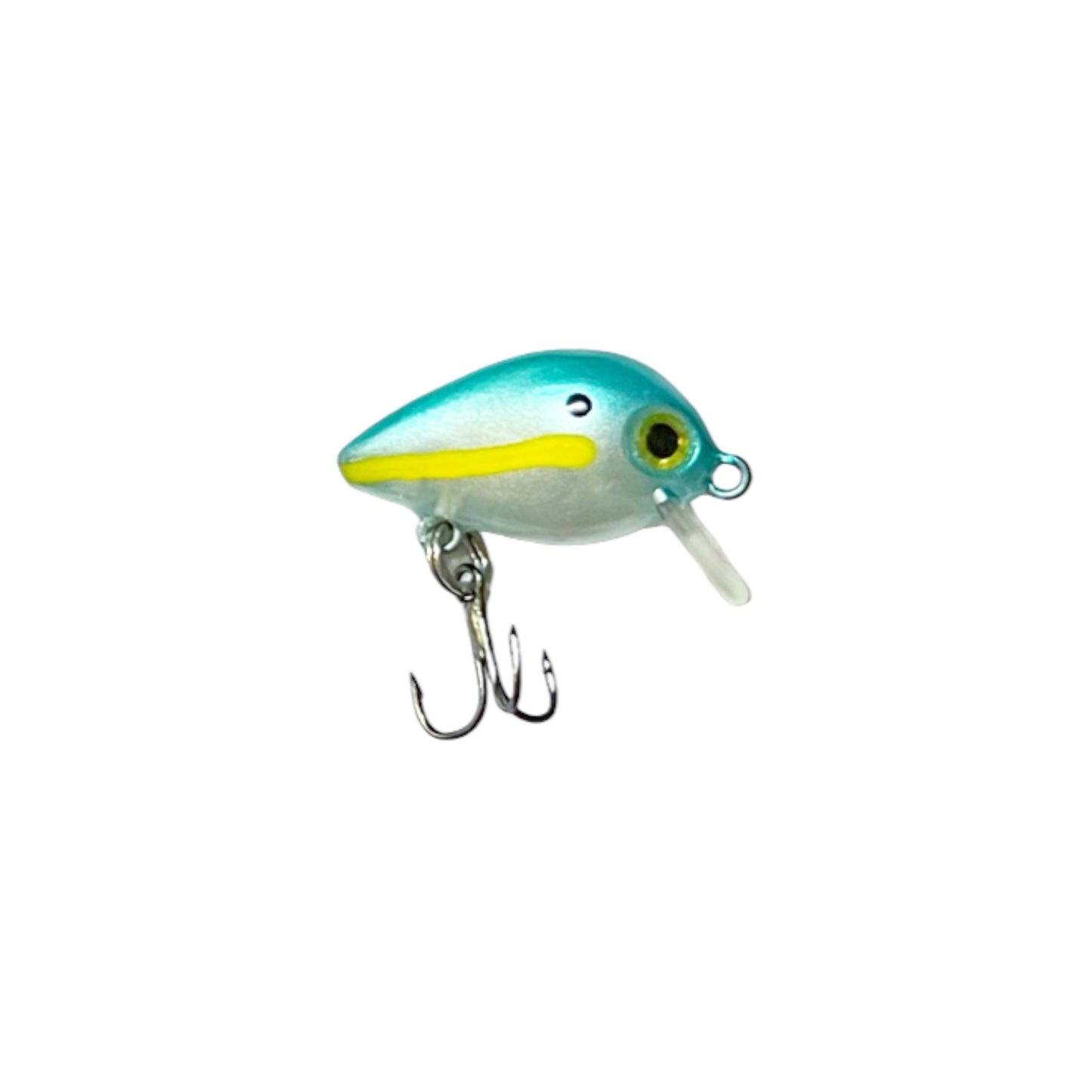 Micro panfish crankbait with bill in sexy shad pattern with yellow eyes and one hook.