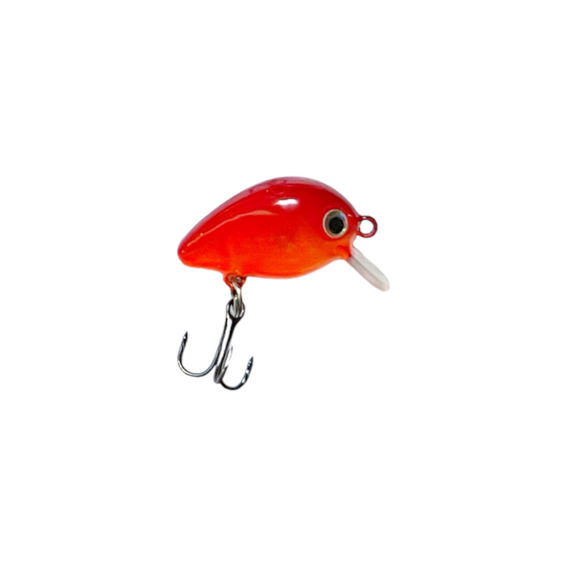 Red and orange panfish micro lure with bill, one hook, and ilver eyes. 