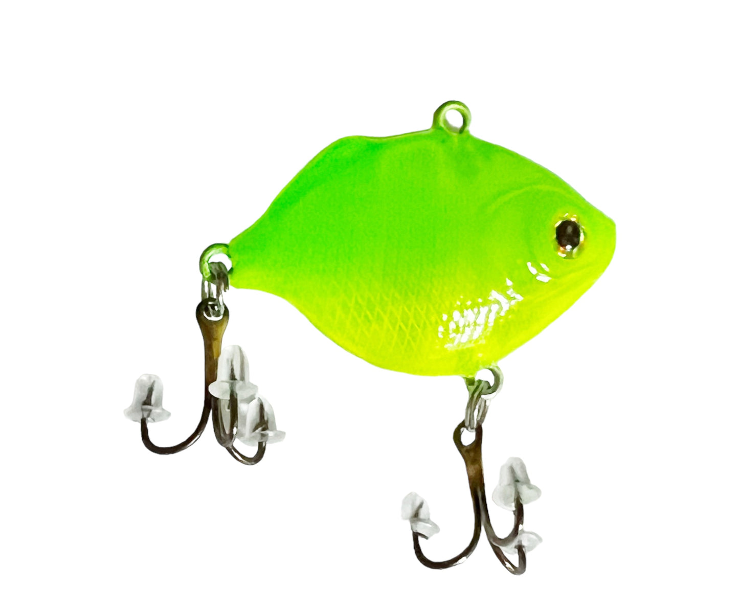 Chartreuse and yellow micro lipless panfish lure with two hooks. 